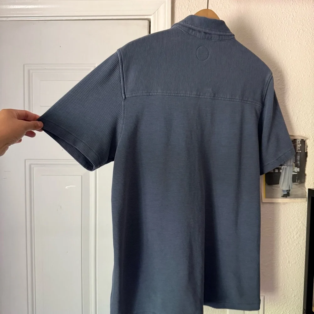 COMMON PEOPLE blue rib ribbed‎ knit cotton blend short sleeve button up shirt
